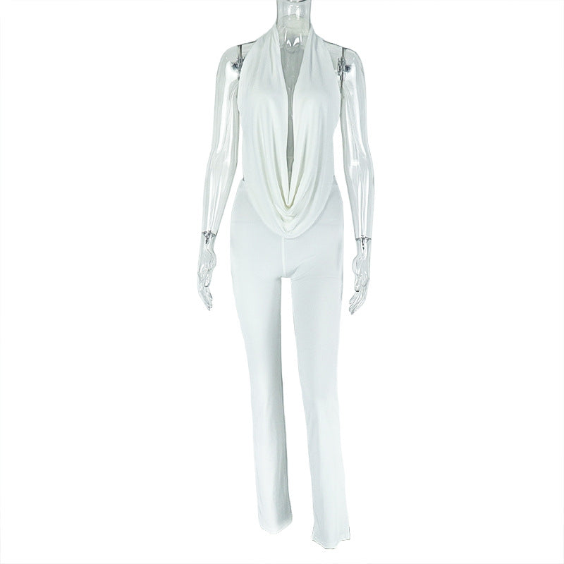 Fashionexportfashionhalter neck swing collarpure colorwork clothing pantssuitbacklesstie backtopstightpantstwo-piece set