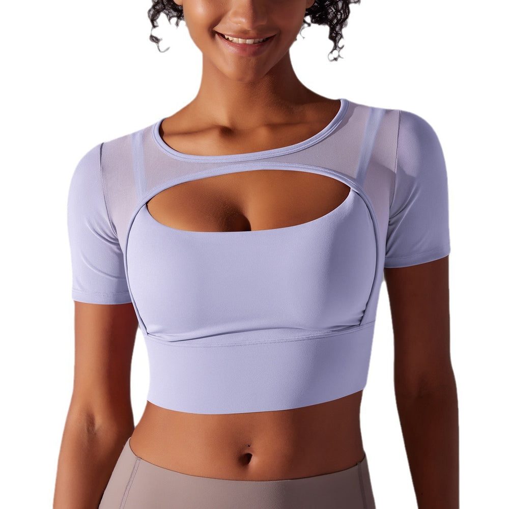 New arrival nude mesh cut out short-sleeved fake two-piece yoga top all-in-one coaster bubble wrap push-up fitness beautiful back