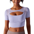 New arrival nude mesh cut out short-sleeved fake two-piece yoga top all-in-one coaster bubble wrap push-up fitness beautiful back