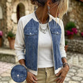Faux denim patchwork plus size baseball jacket - raglan sleeve, zipper closure, pocket detail, relaxed fit, women's cropped jacket