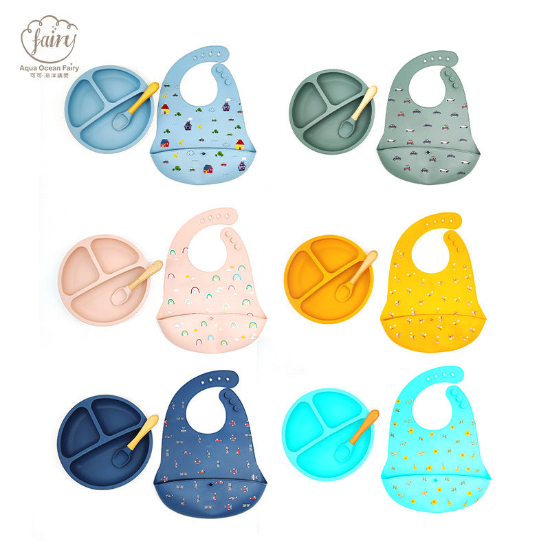 Factory wholesale food grade silicone complementary food bowl fork spoon saliva pocket 4-piece set grid plate children's tableware set
