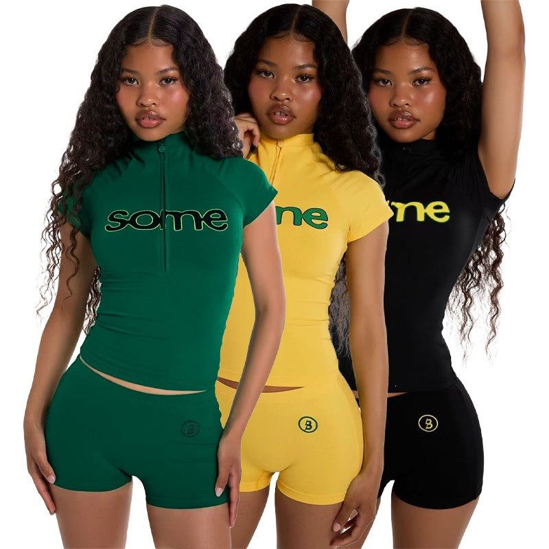 hot-selling european and american fashion women's letter-printed half-zip short-sleeve top and tight shorts two-piece set