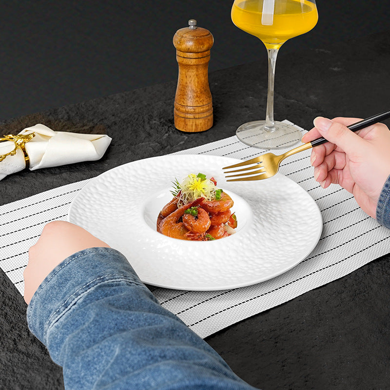 Modern minimalist white ceramic plate - embossed creative design for restaurant, hotel, and home use - premium, unique serving dish