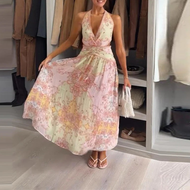 women's summer new arrivals:  cross-border fashion - elegant casual halter neck printed backless cropped maxi dress