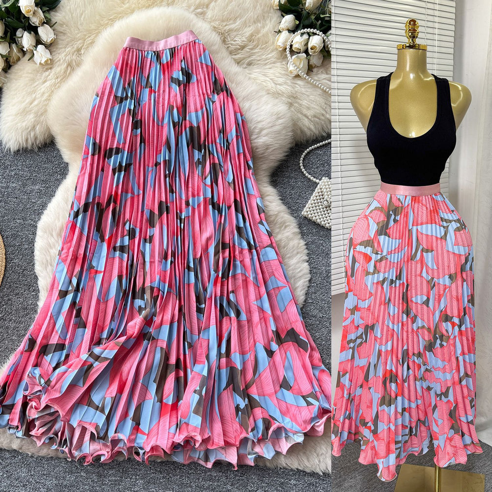 Export cross-border printing high waist a-line pleated skirt women's summerpleated skirt mid-length skirt work clothing holiday style