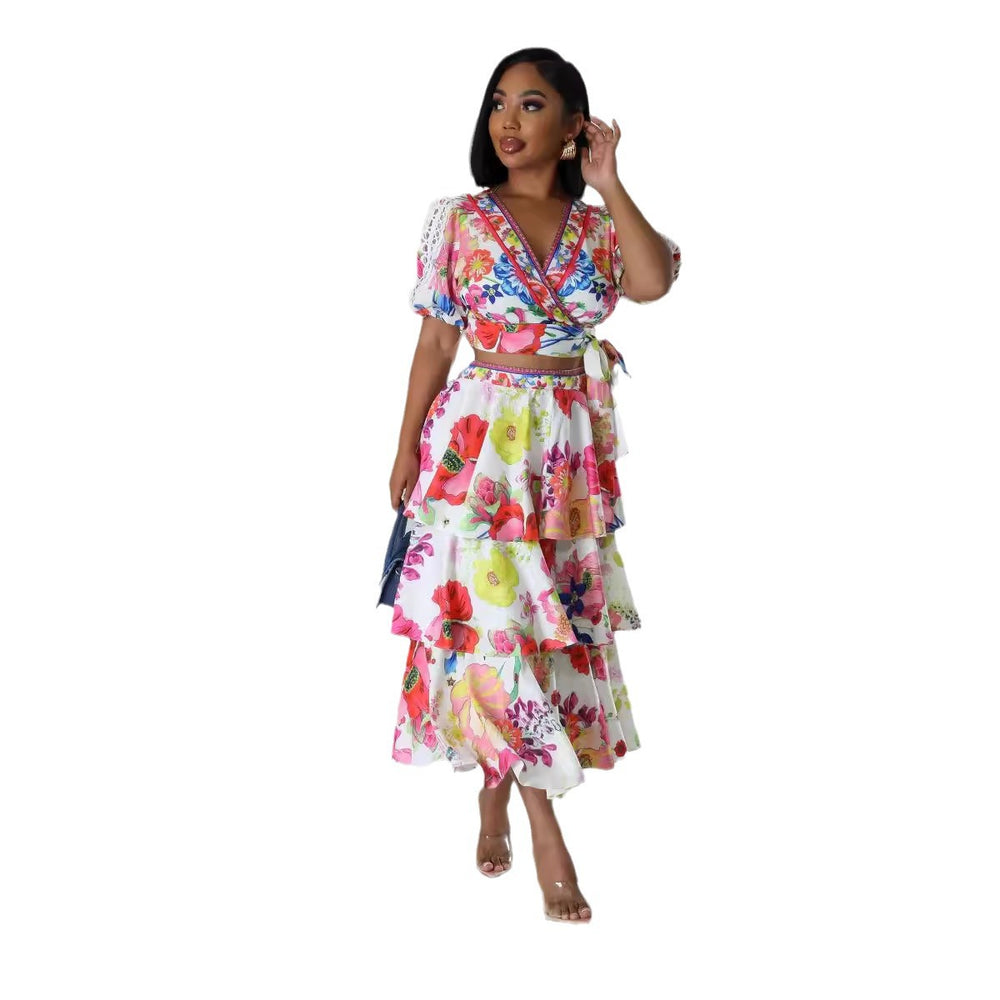 European and american cross-border women's fashion:  summer new arrival - short sleeve v-neck tie-up top and high-waisted printed midi skirt two-piece set