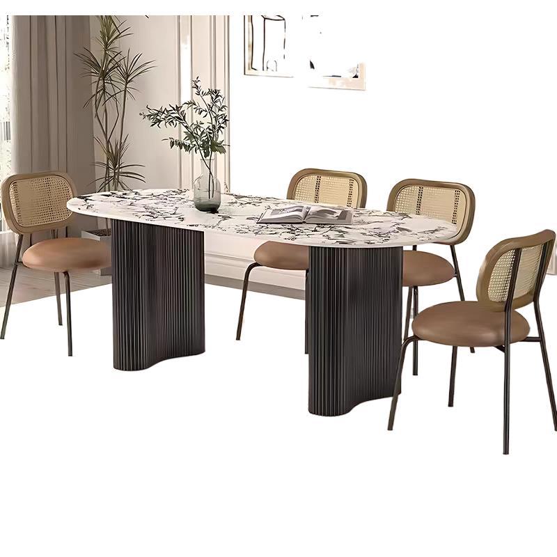 French cream oval dining table with marble full base, retro small apartment dining chair, marble top dining table