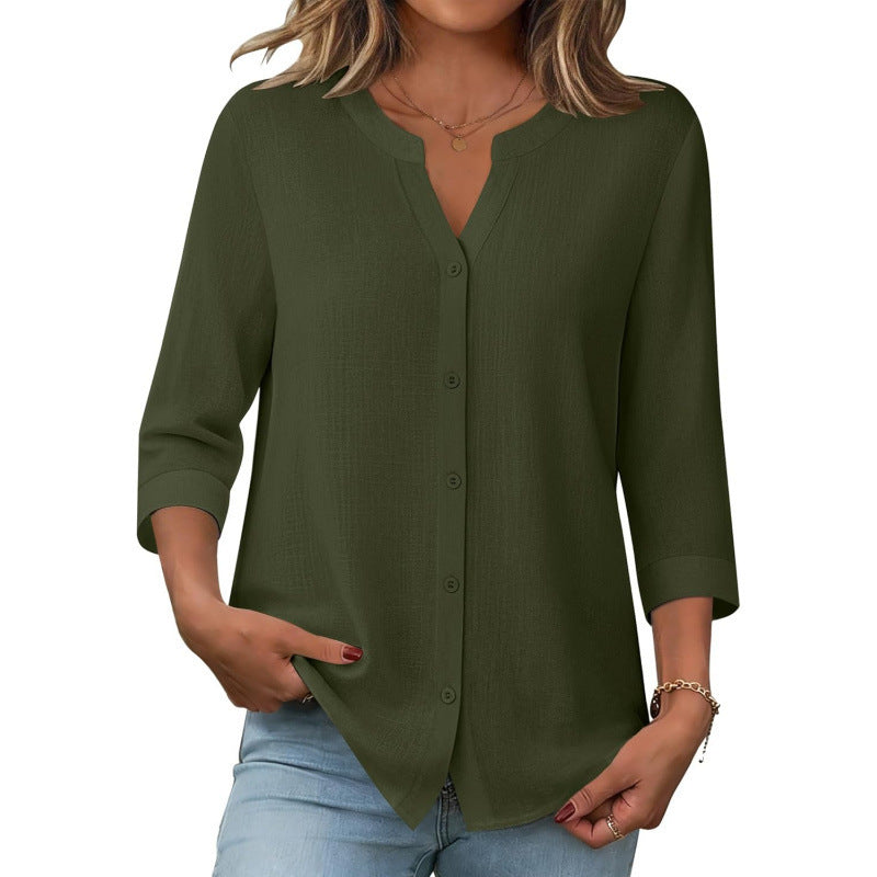 Amazon european goods  summer button-down shirt, three-quarter sleeve v-neck blouse, fashionable casual loose top