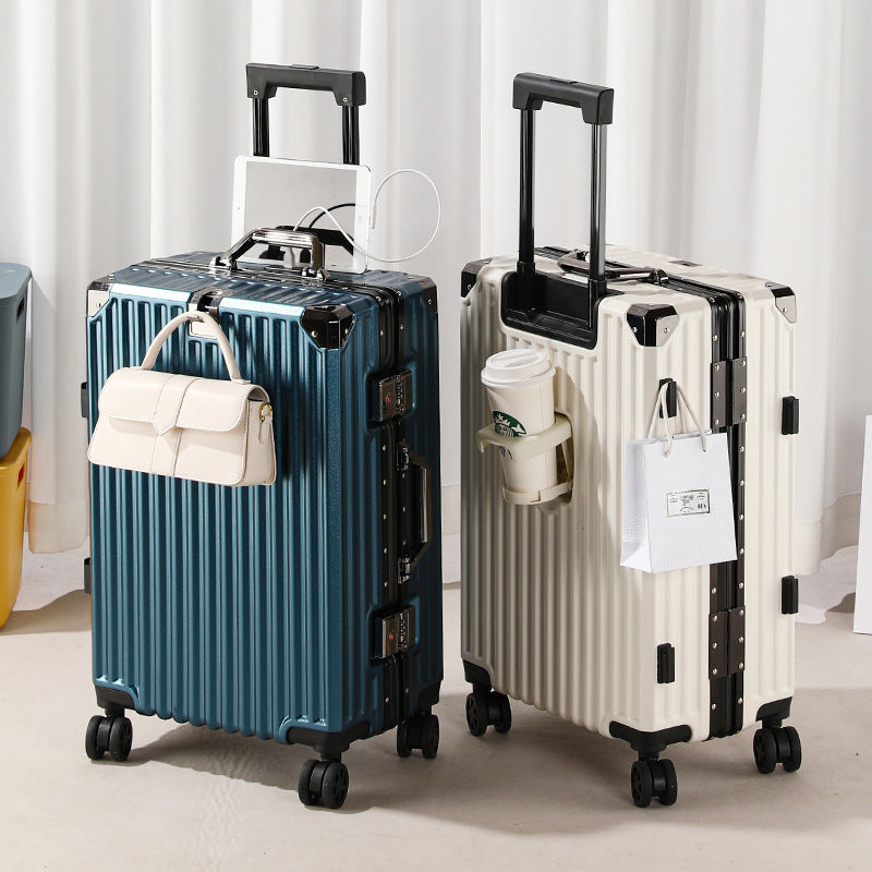 One piece of aluminum frame trolley case, universal wheel suitcase, female 24-inch scratch-proof charging password case, boarding case, leather case.