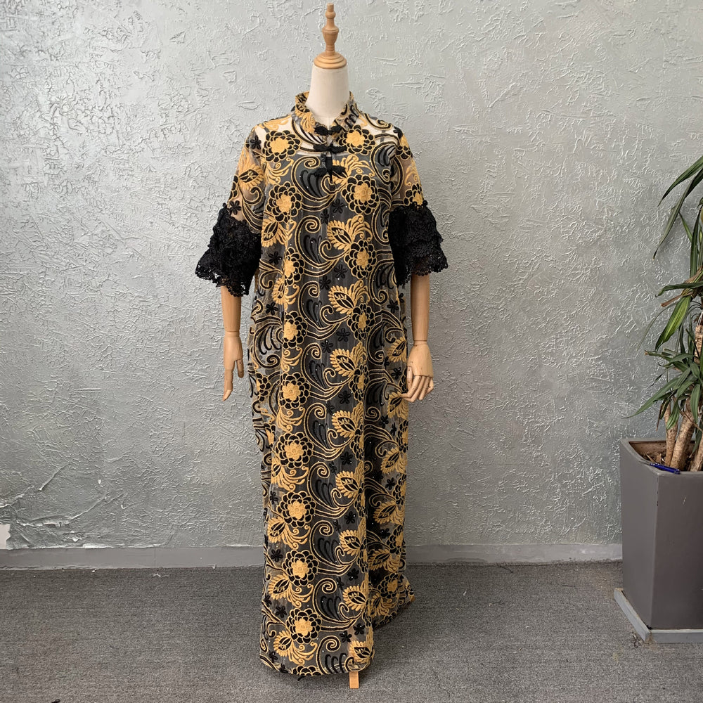 African women's lace robe - cross-border supply, elegant commute style, embroidered cake sleeves, loose fit maxi dress