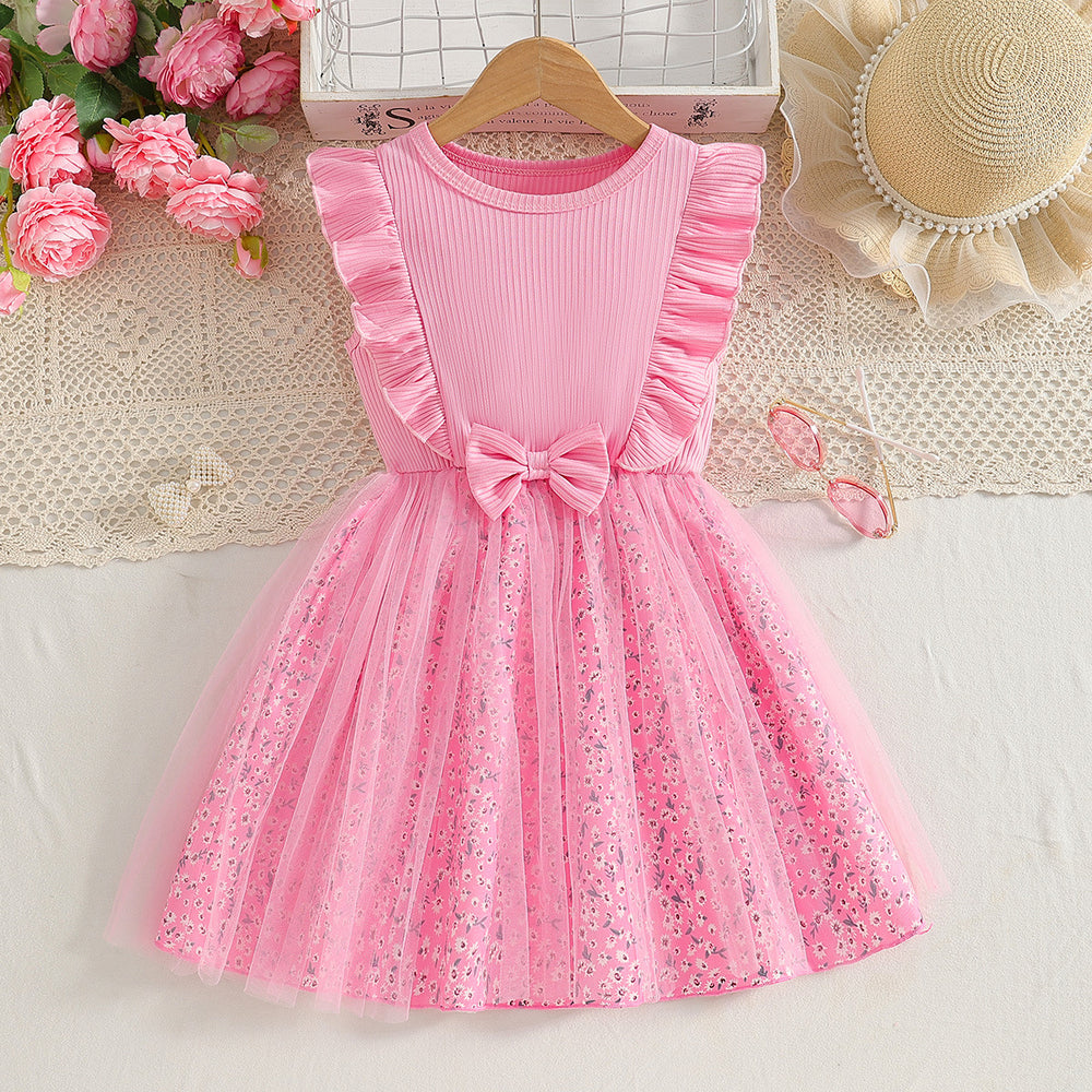 Girls' summer dress - pink ribbed knit with mesh overlay, a-line skirt with floral hem, for mid-to-large children