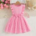 Girls' summer dress - pink ribbed knit with mesh overlay, a-line skirt with floral hem, for mid-to-large children