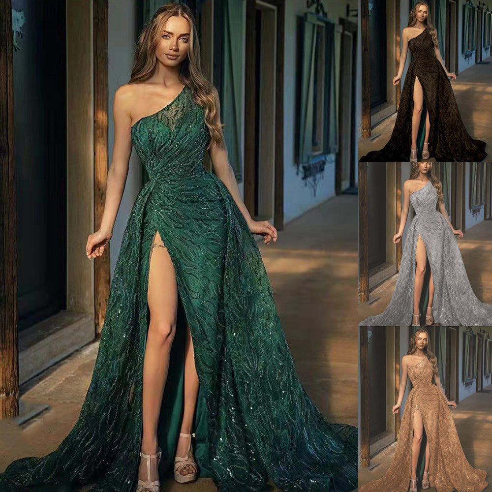 spring/summer new arrivals: european & american style one-shoulder slit maxi dress - evening gown, sequin cami dress, cocktail dress