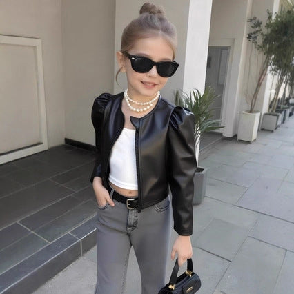 Girls' black cropped pu leather jacket - round neck, long sleeve, new autumn/winter style with puff sleeves