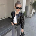 Girls' black cropped pu leather jacket - round neck, long sleeve, new autumn/winter style with puff sleeves