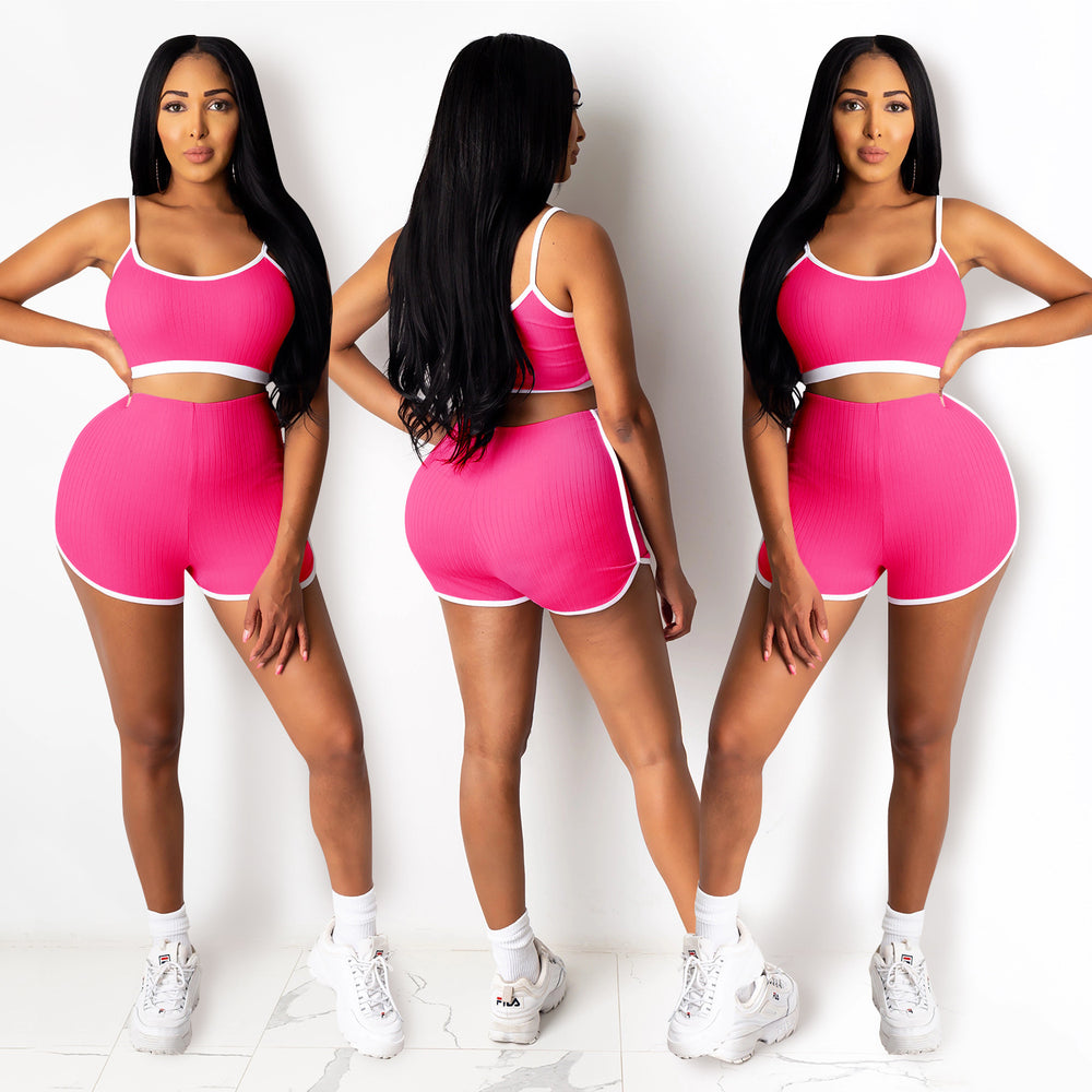 C3635 in-stock cross-border   fashion european and american women's yoga cropped tank top two-piece set