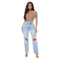 Customized ripped jeans for women,  new fashion high-waisted ripped loose straight-leg washed denim jeans
