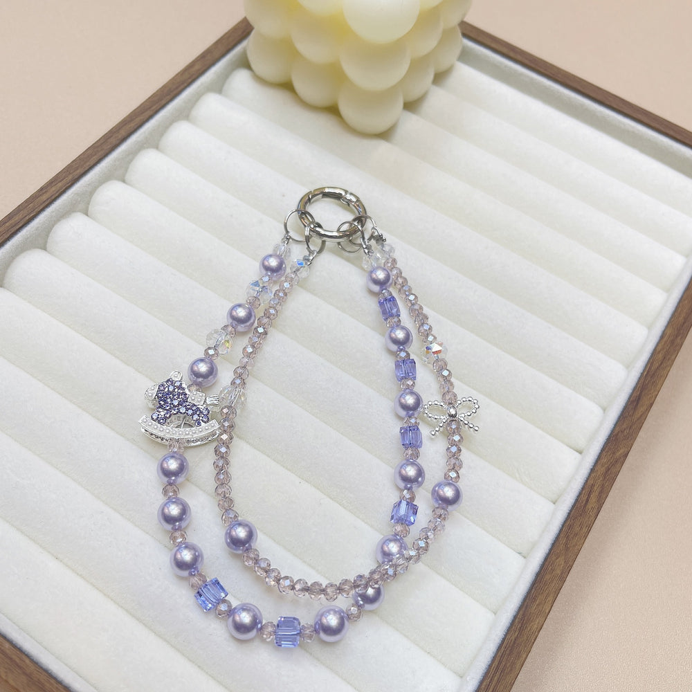 Ins style handmade pearl double chain mobile phone case lanyard creative rhinestone rocking horse pendant wrist crystal one piece dropshipping