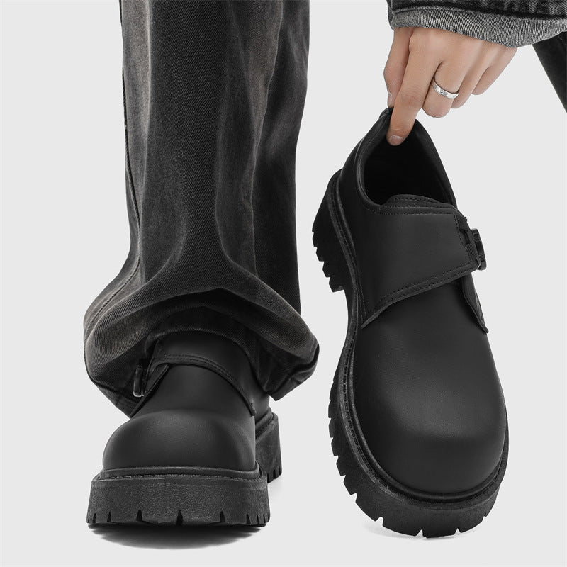 Men's leather dress shoes: spring casual retro chunky platform derby shoes, british style black wide fit trendy shoes