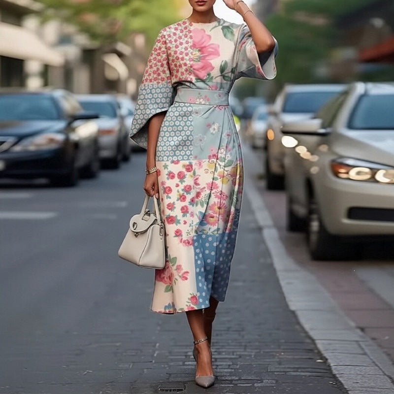 summer new arrivals: european and american style women's fashion - elegant printed midi dress with three-quarter sleeves
