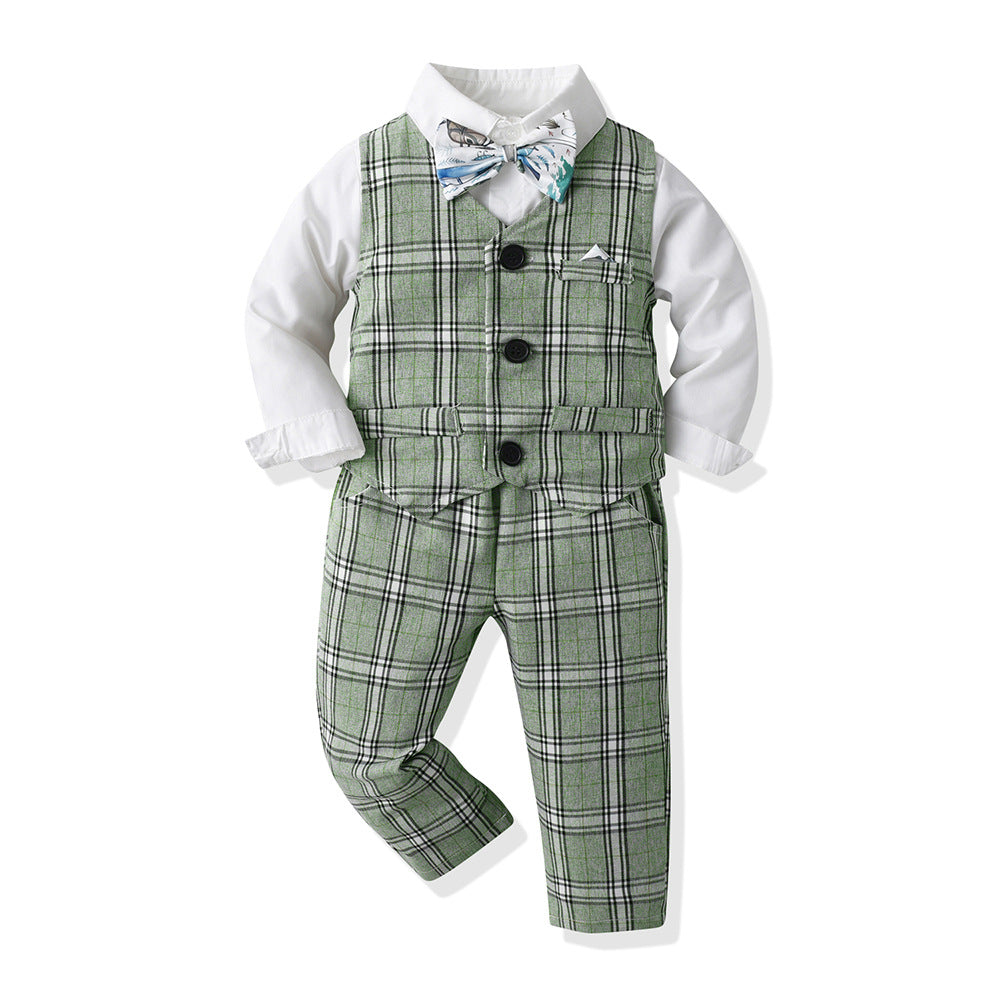 Export spring and summer children's clothing kids performance dress vest plaid suit long sleeves shirt suit boys first birthday dress