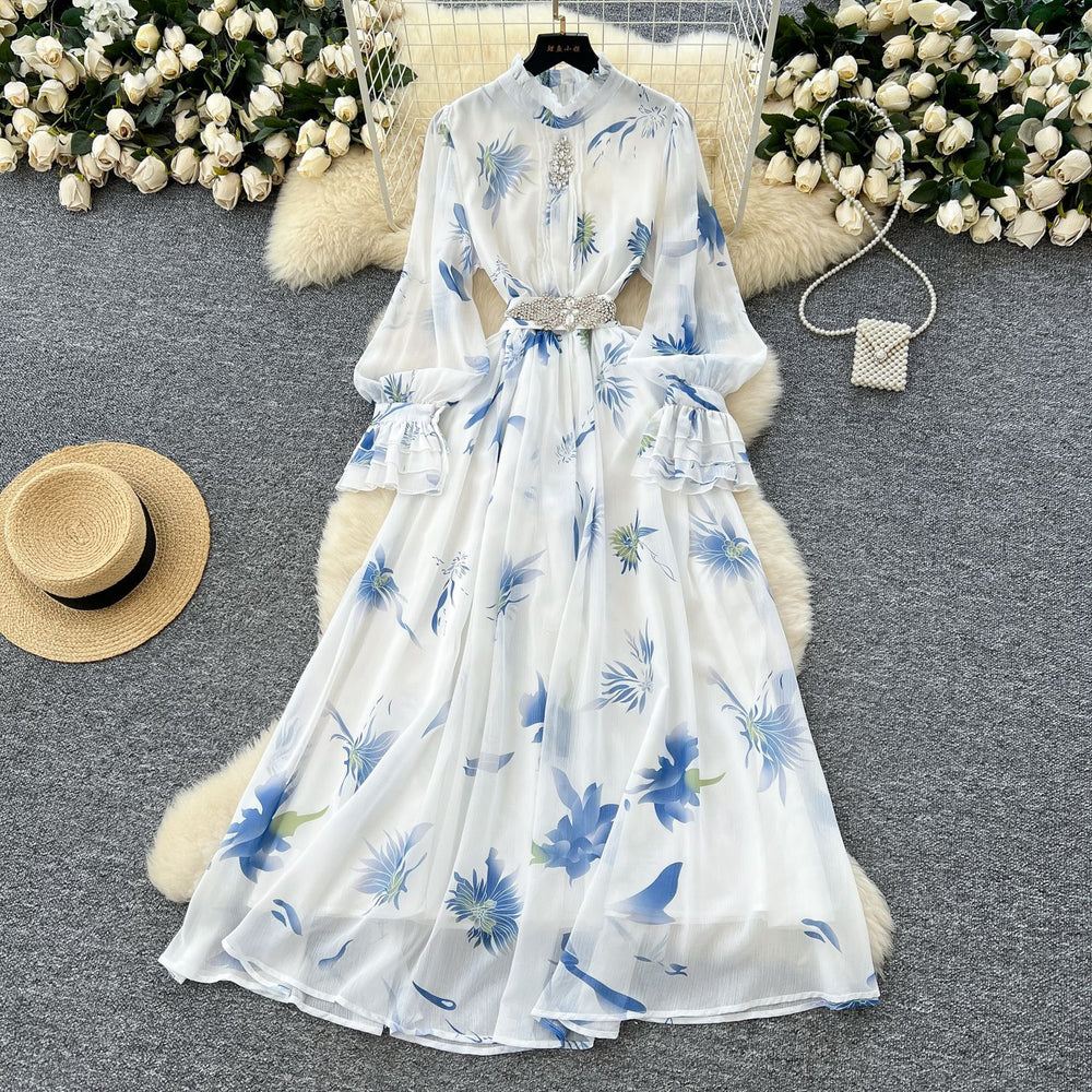 French chic dress - new  collection: fashionable, diamond-accented, slim-fit, elegant printed chiffon midi dress
