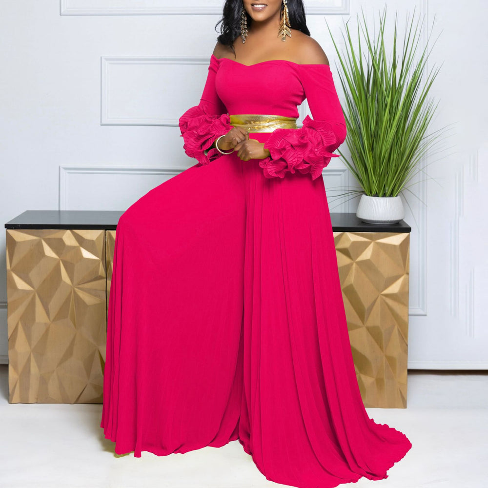 C8611   new fashion one-shoulder ruffle sleeve solid color pleated wide-leg african jumpsuit