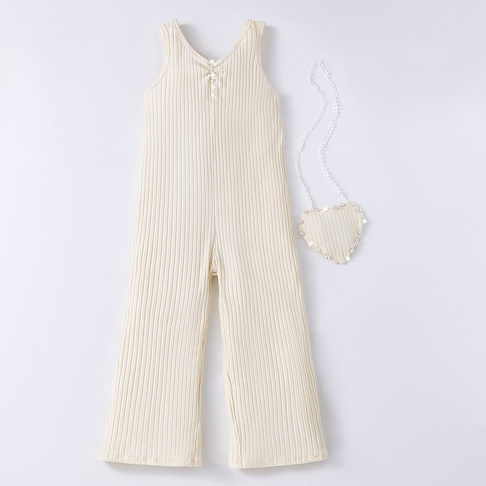 Big kids' (girls') romper, ribbed sleeveless jumpsuit + heart-shaped crossbody bag