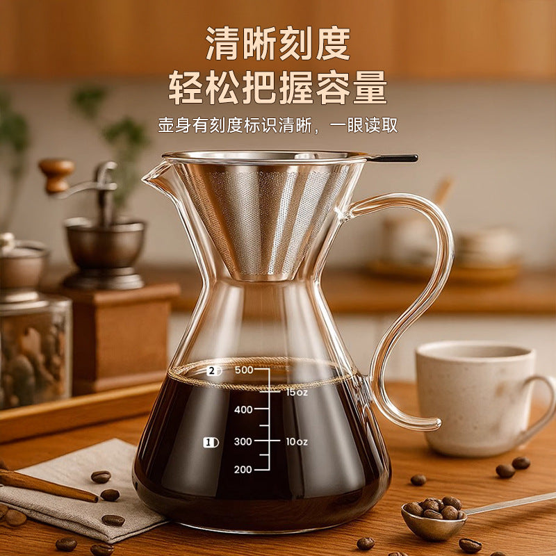 Glass pour-over coffee maker with stainless steel filter, drip coffee filter cup, sharing carafe, coffee maker set