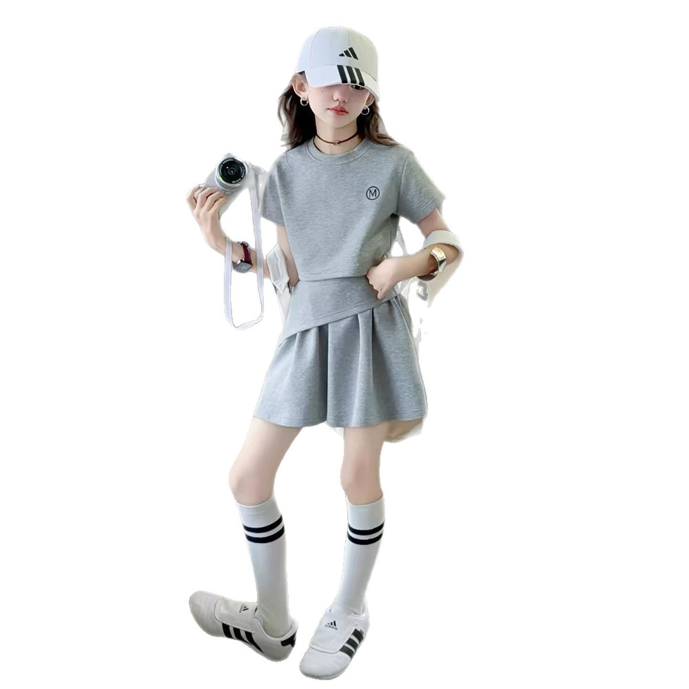Girls' summer skirt-pant set,  new korean style sweet & spicy short-sleeve t-shirt, trendy & cool two-piece outfit for mid-to-large children
