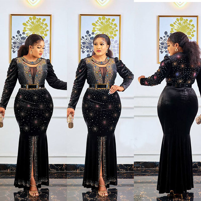 Jenny's factory direct export: gold velvet rhinestone embellished luxury slim-fit mermaid long sleeve maxi dress - african women's clothing