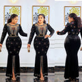 Jenny's factory direct export: gold velvet rhinestone embellished luxury slim-fit mermaid long sleeve maxi dress - african women's clothing