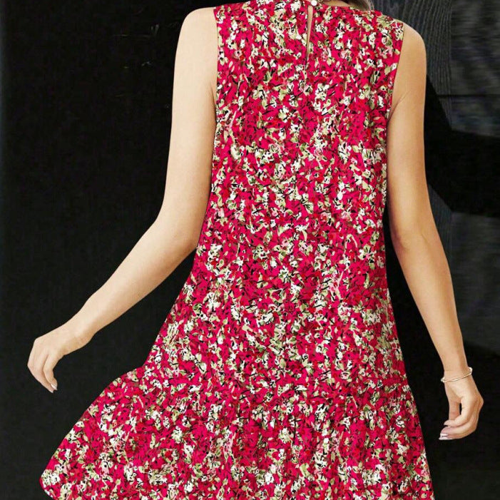 Women's european and american style floral sleeveless solid color round neck ruffle hem casual dress