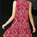 Women's european and american style floral sleeveless solid color round neck ruffle hem casual dress