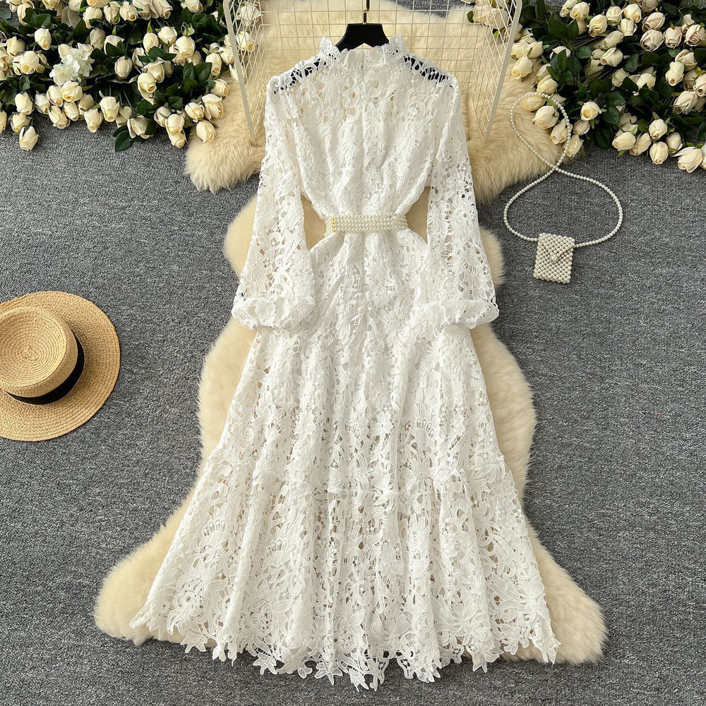 French retroelegancedresswinternew arrivalclassy sensecut out crochet lace waist elegant long skirt