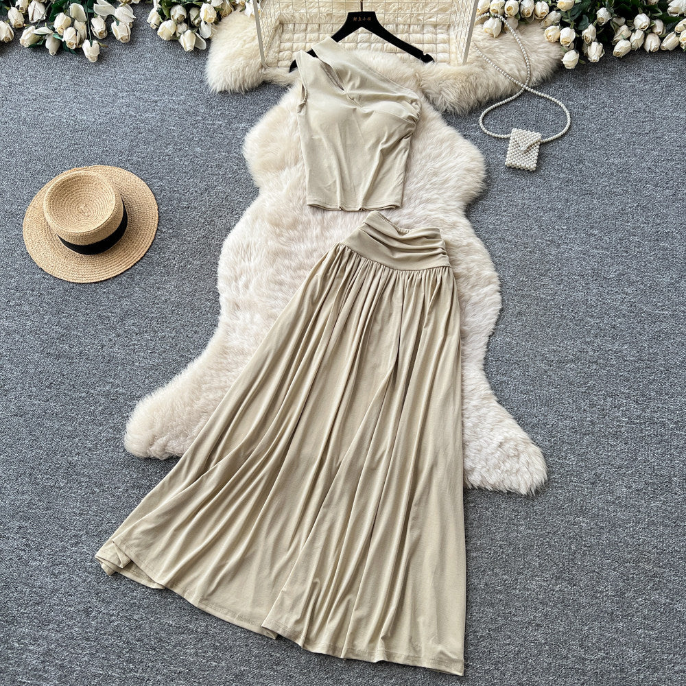 Lazy style slanted shoulder skirt slimming lookelegantfashionsuitsummerhigh waist skirt slimming lookelegantfashionsuit