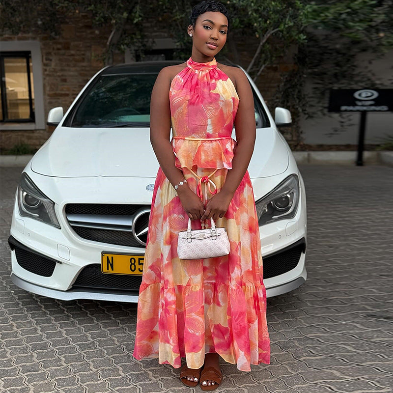 European and american cross-border women's fashion  autumn/winter new arrival: elegant printed backless tie-up sleeveless top and midi skirt set