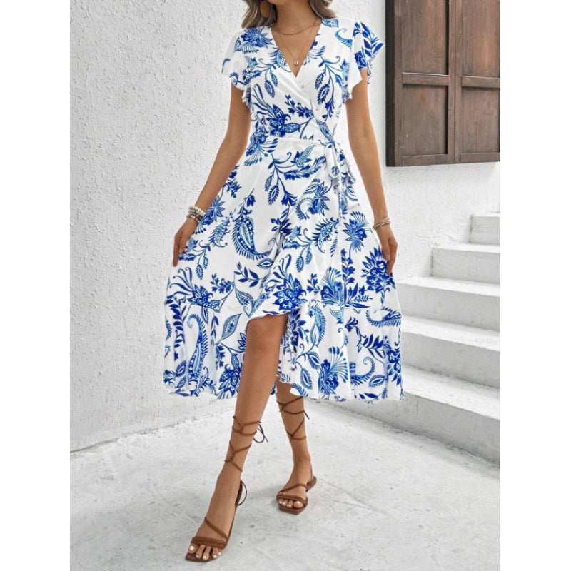 cross-border e-commerce  hot-selling european and american women's apparel: printed ruffle-trimmed short-sleeve elegant dress