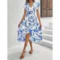 cross-border e-commerce  hot-selling european and american women's apparel: printed ruffle-trimmed short-sleeve elegant dress