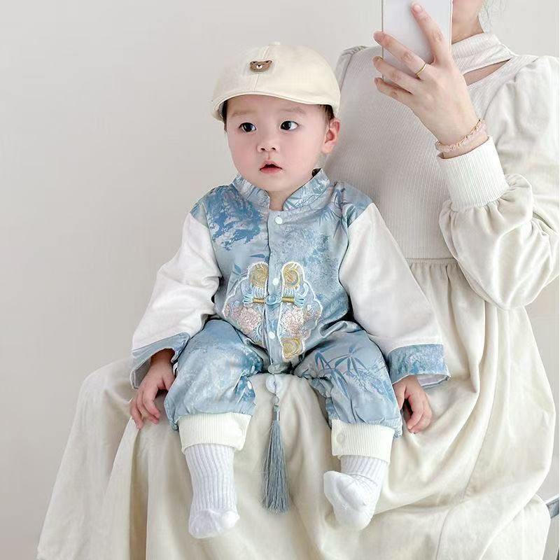 Baby boy full month, 100-day, and first birthday outfit - romper, baby spring/autumn double-layer long-sleeve chinese style romper