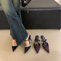 2024 winter new pointed-toe purple stiletto heel rhinestone ankle strap satin mules & slides for women