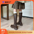 Petites thick heel boots women's thick round toe small gold buckle knee high knight boots boots 2025 brown black waterproof