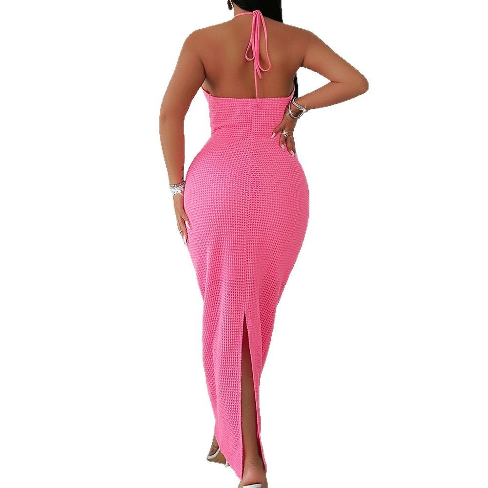 Summer 2025 independent station eBay new women's clothing  hot sale explosion solid color neck hollow hip dress