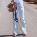 summer new arrival:  cross-border washed distressed high-waisted denim wide-leg casual pants for women