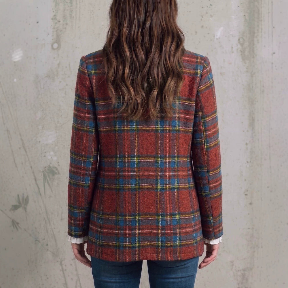 fashion cross-border retro red grids pattern suit outwear double row metal buckle lapel grids pattern woolenloose suit