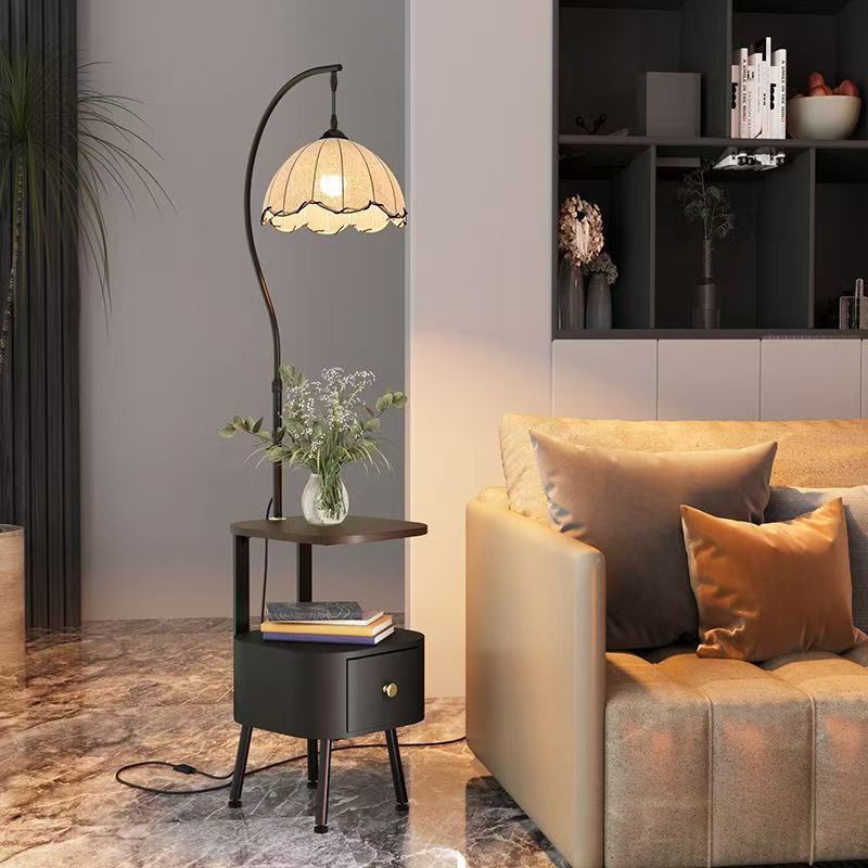 new french style bedside table - multifunctional solid wood nightstand with integrated floor lamp and storage shelf