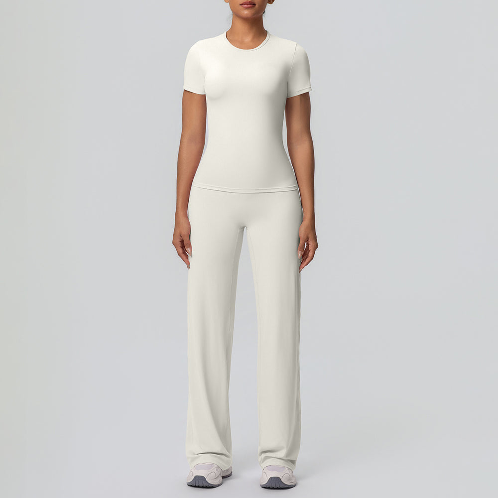 Cloud-feel outdoor casual sports short-sleeve yoga set - high-waisted, butt-lifting, straight-leg, wide-leg, quick-dry running & fitness outfit