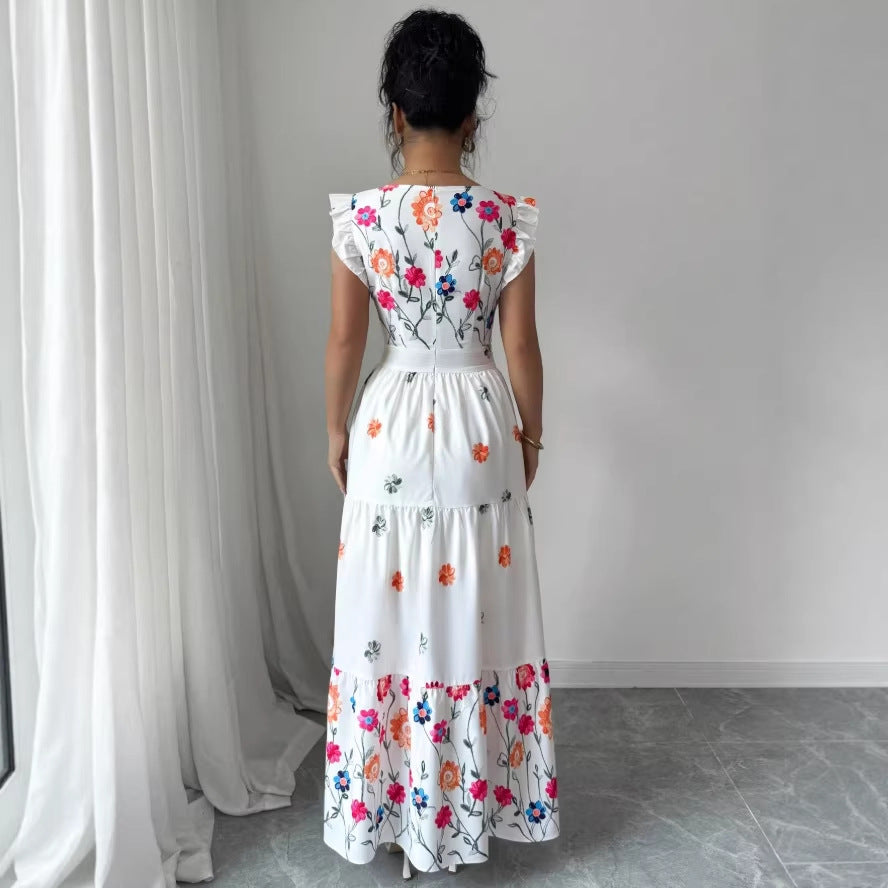 cross-border european and american elegant square neck printed bubble sleeve dress