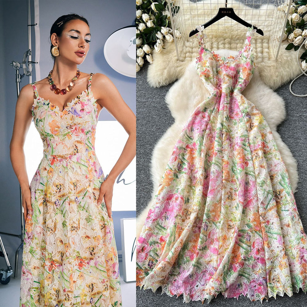 French court style floral print camisole dress - women's summer mesh hollow-out waist design, unique and chic maxi dress