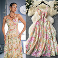 French court style floral print camisole dress - women's summer mesh hollow-out waist design, unique and chic maxi dress